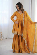 Mustard Mal Chanderi Mirror Work Sharara Suit with Dupatta RTI