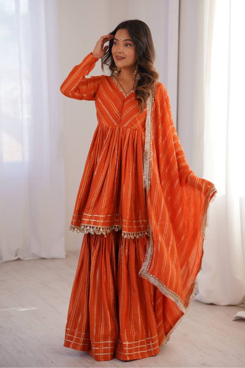 Orange Mal Chanderi Mirror Work Sharara Suit with Dupatta (Copy) RTI