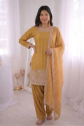 Mustard French Crepe Silk Embroidered Salwar Suit with Tissue Silk Dupatta RTI