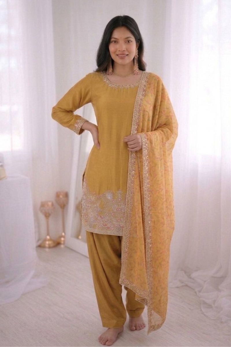 Mustard French Crepe Silk Embroidered Salwar Suit with Tissue Silk Dupatta RTI