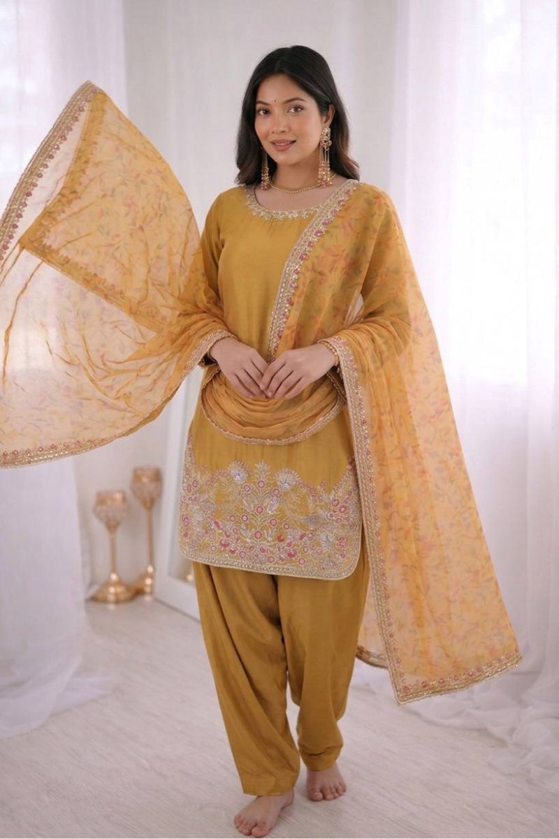 Mustard French Crepe Silk Embroidered Salwar Suit with Tissue Silk Dupatta RTI