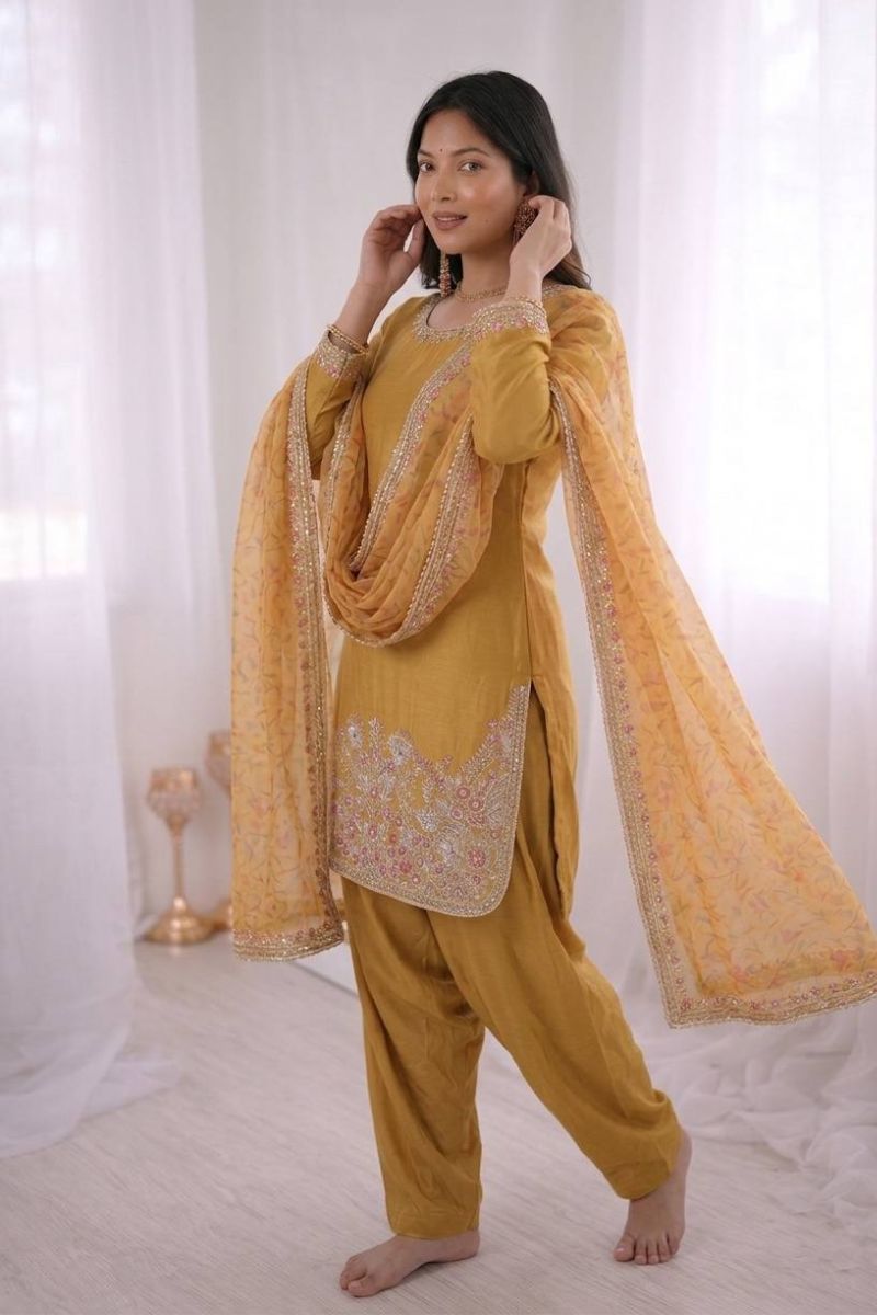 Mustard French Crepe Silk Embroidered Salwar Suit with Tissue Silk Dupatta RTI