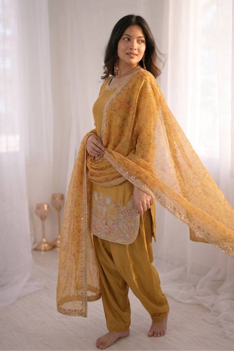 Mustard French Crepe Silk Embroidered Salwar Suit with Tissue Silk Dupatta RTI