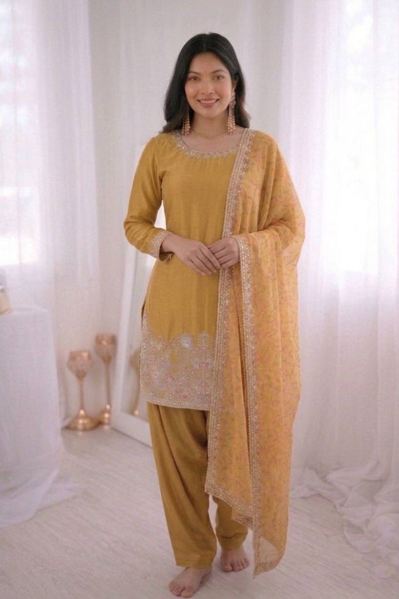 Mustard French Crepe Silk Embroidered Salwar Suit with Tissue Silk Dupatta RTI