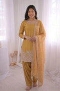Mustard French Crepe Silk Embroidered Salwar Suit with Tissue Silk Dupatta RTI