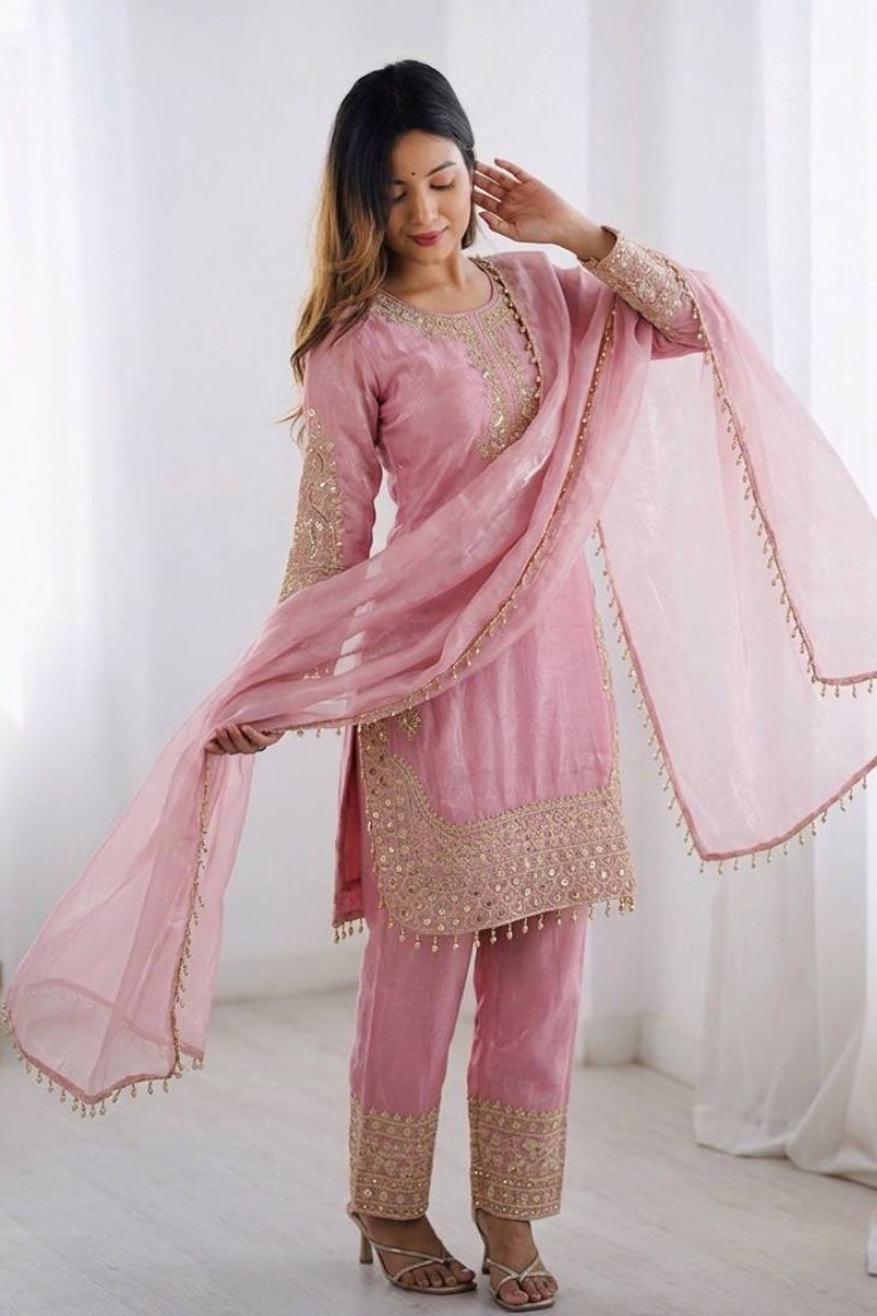 French Crepe Silk Embroidered Salwar Suit with Tissue Silk Dupatta (Copy) RTI