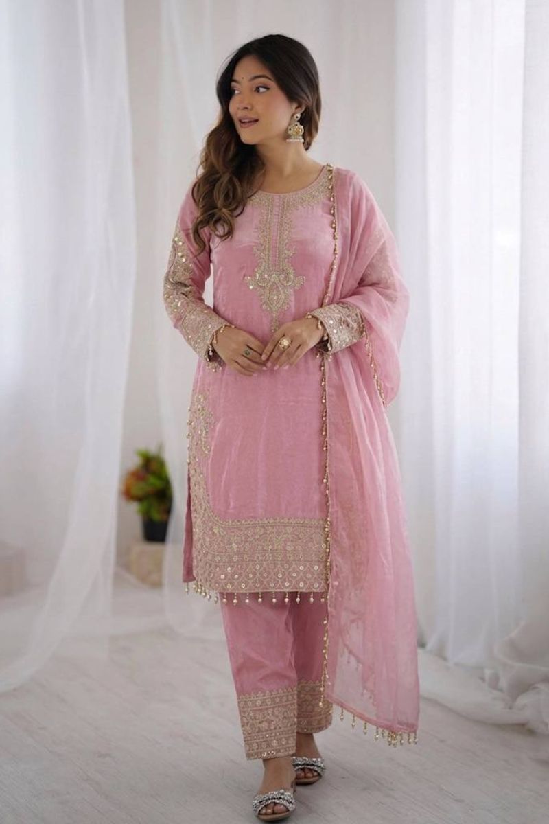 French Crepe Silk Embroidered Salwar Suit with Tissue Silk Dupatta (Copy) RTI