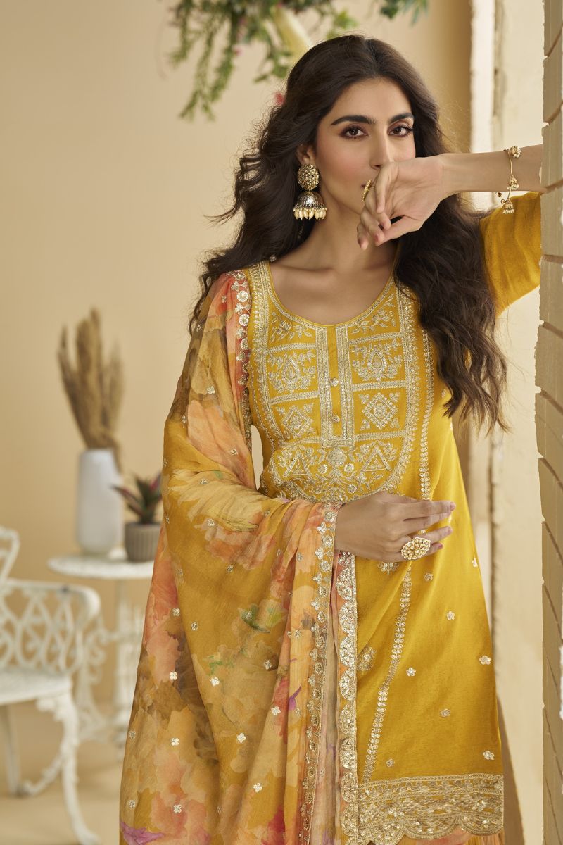 Yellow Chinon Embroidered & Sequin Kurta Palazzo Suit Set with Floral Dupatta RTI