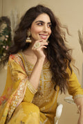 Yellow Chinon Embroidered & Sequin Kurta Palazzo Suit Set with Floral Dupatta RTI