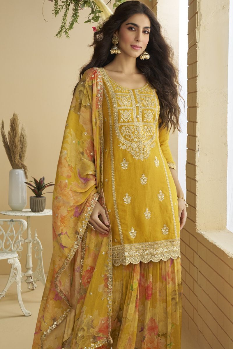 Yellow Chinon Embroidered & Sequin Kurta Palazzo Suit Set with Floral Dupatta RTI