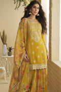 Yellow Chinon Embroidered & Sequin Kurta Palazzo Suit Set with Floral Dupatta RTI