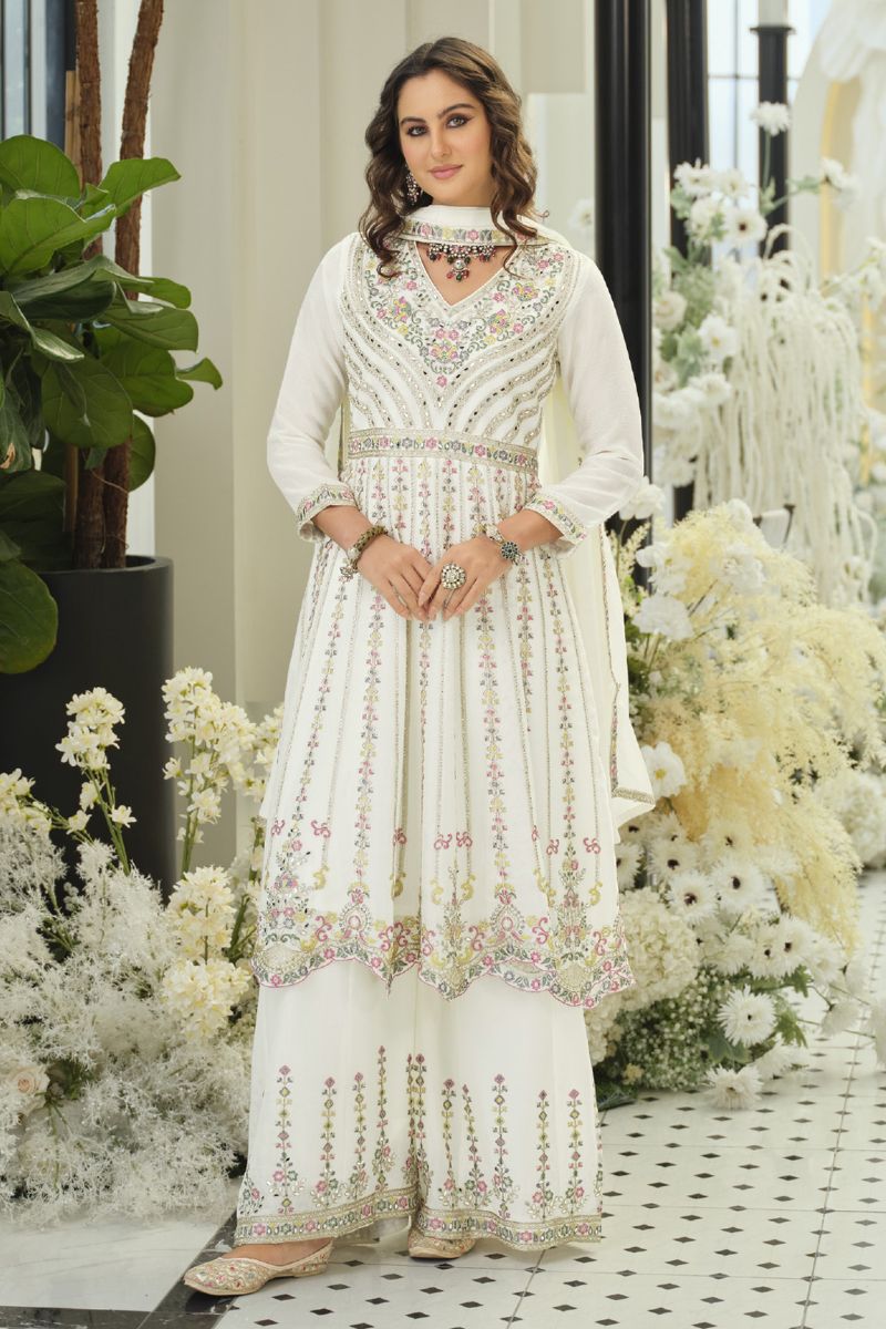 Elegant White Chinon Embroidered Anarkali Kurta Palazzo Suit Set with Dupatta RTI