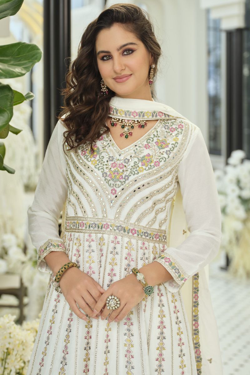 Elegant White Chinon Embroidered Anarkali Kurta Palazzo Suit Set with Dupatta RTI