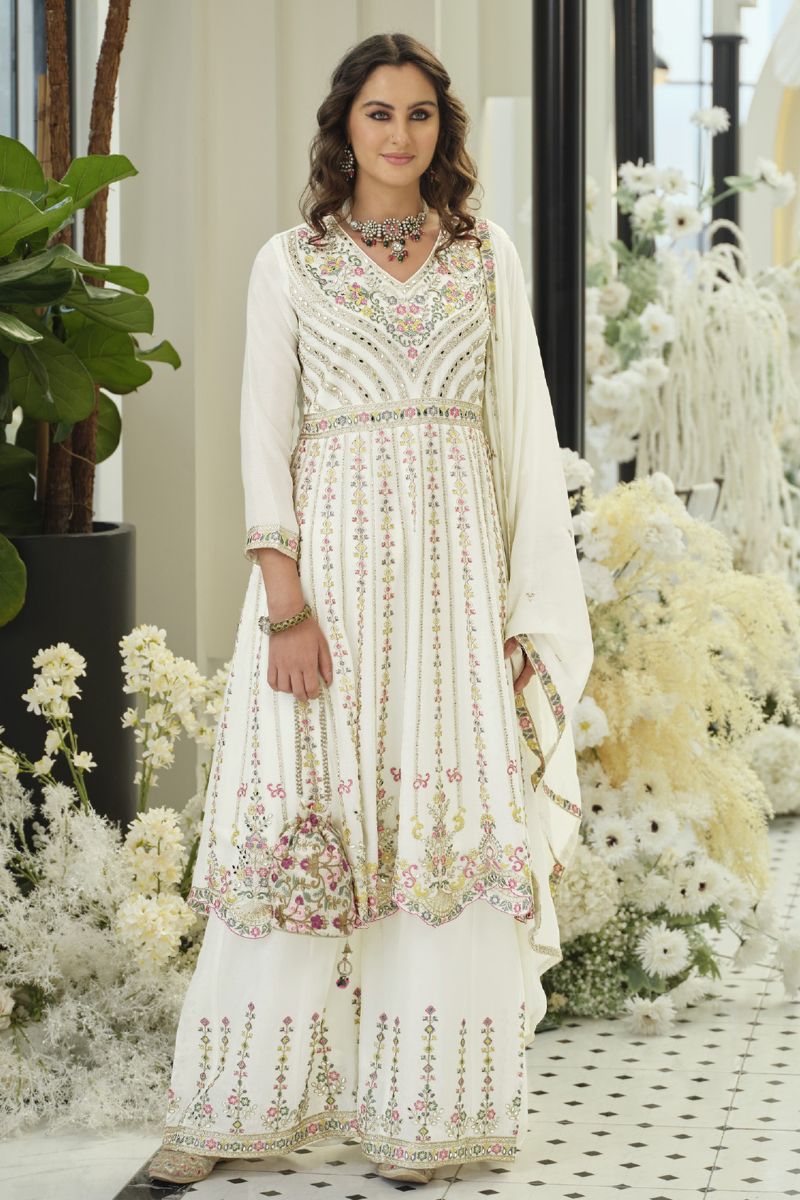 Elegant White Chinon Embroidered Anarkali Kurta Palazzo Suit Set with Dupatta RTI