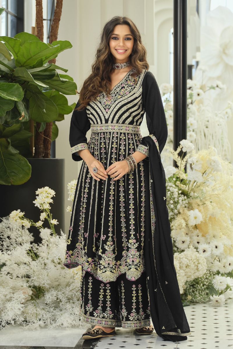 Elegant Black Chinon Embroidered Anarkali Kurta Palazzo Suit Set with Dupatta RTI