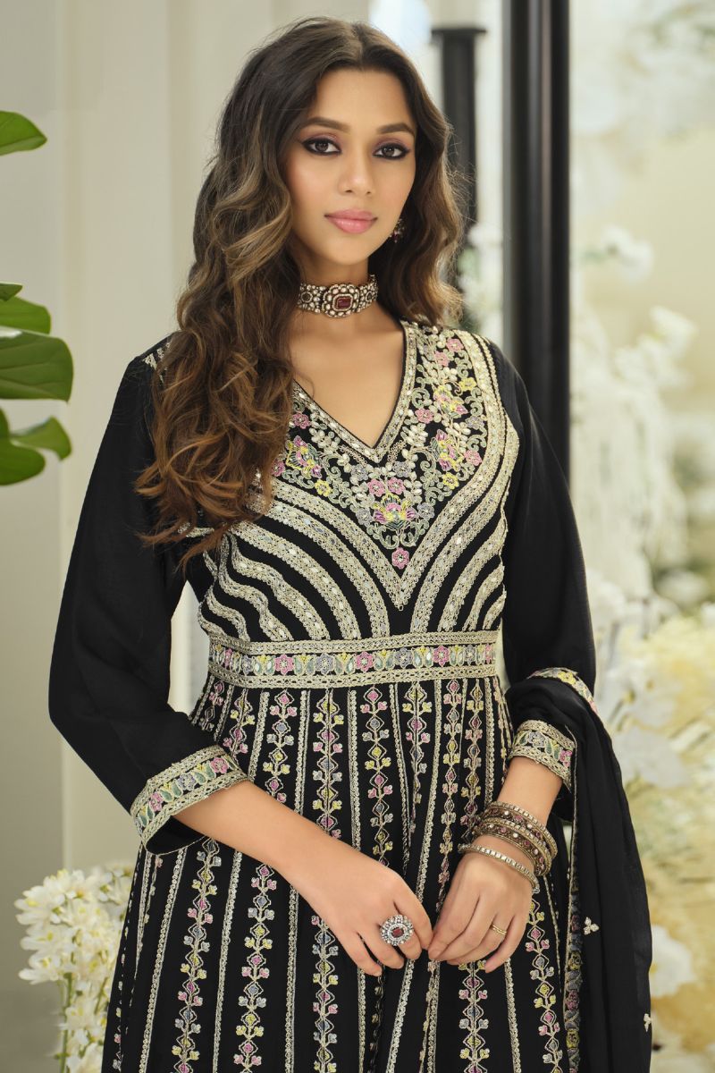 Elegant Black Chinon Embroidered Anarkali Kurta Palazzo Suit Set with Dupatta RTI