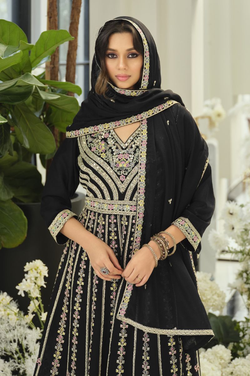 Elegant Black Chinon Embroidered Anarkali Kurta Palazzo Suit Set with Dupatta RTI