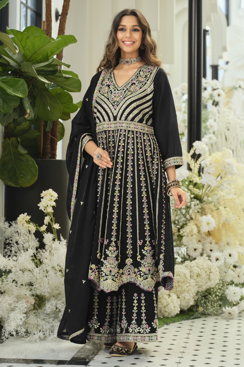 Elegant Black Chinon Embroidered Anarkali Kurta Palazzo Suit Set with Dupatta RTI