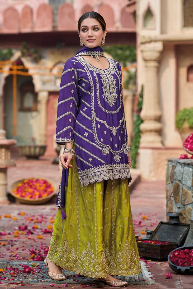 Purple Chinon Embroidered Kurta with Green Palazzo Suit Set & Dupatta RTI