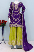 Purple Chinon Embroidered Kurta with Green Palazzo Suit Set & Dupatta RTI