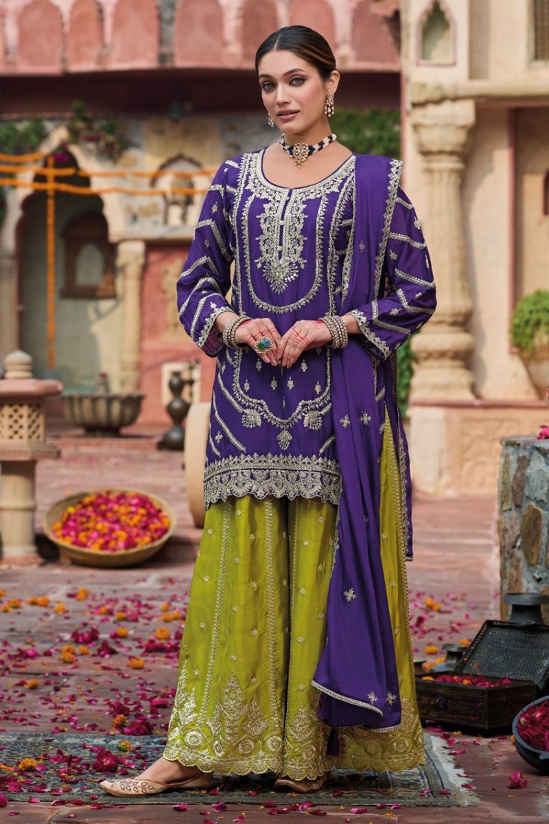 Purple Chinon Embroidered Kurta with Green Palazzo Suit Set & Dupatta RTI