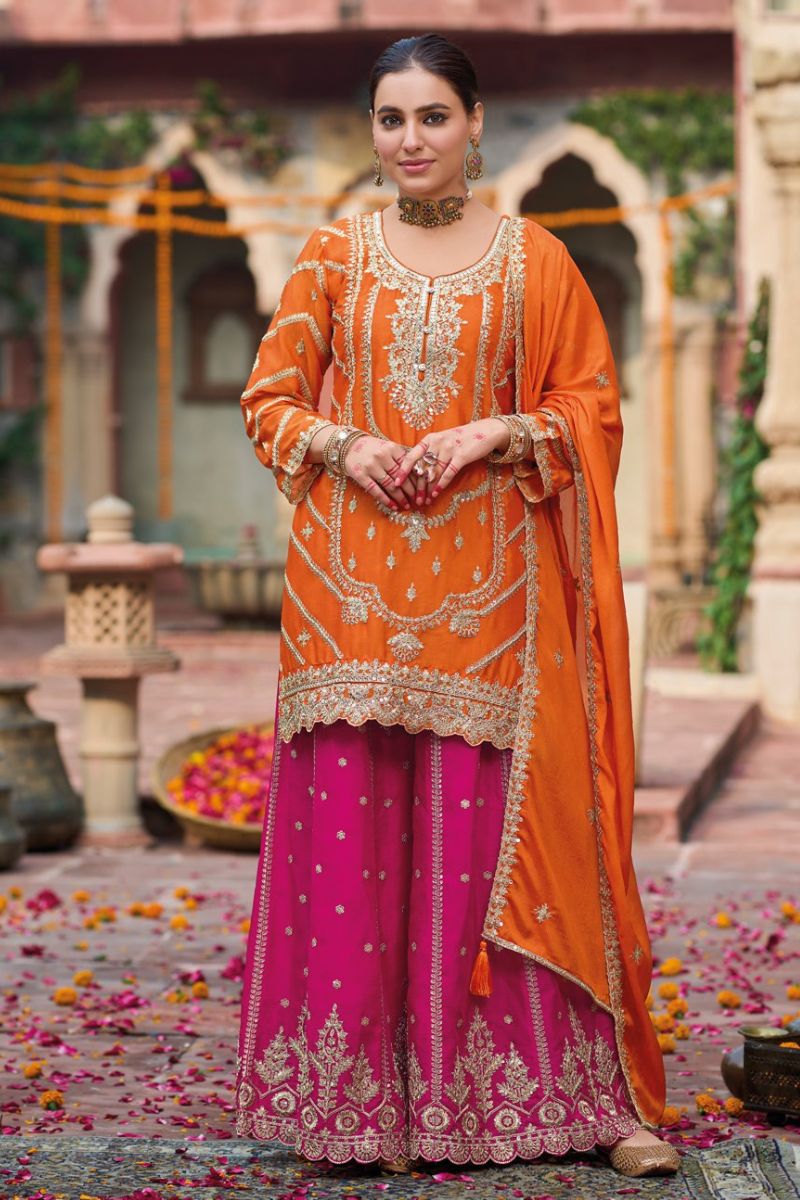 Orange Chinon Embroidered Kurta with Pink Palazzo Suit Set & Dupatta RTI