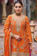 Orange Chinon Embroidered Kurta with Pink Palazzo Suit Set & Dupatta RTI