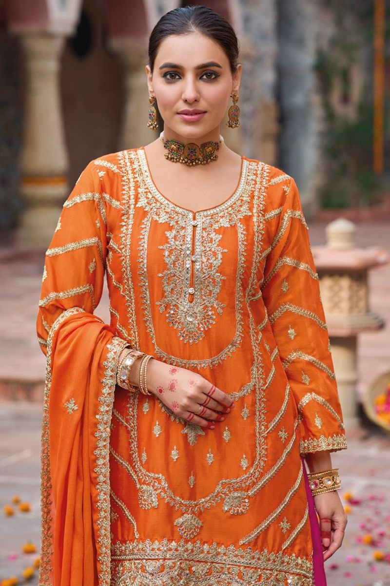 Orange Chinon Embroidered Kurta with Pink Palazzo Suit Set & Dupatta RTI