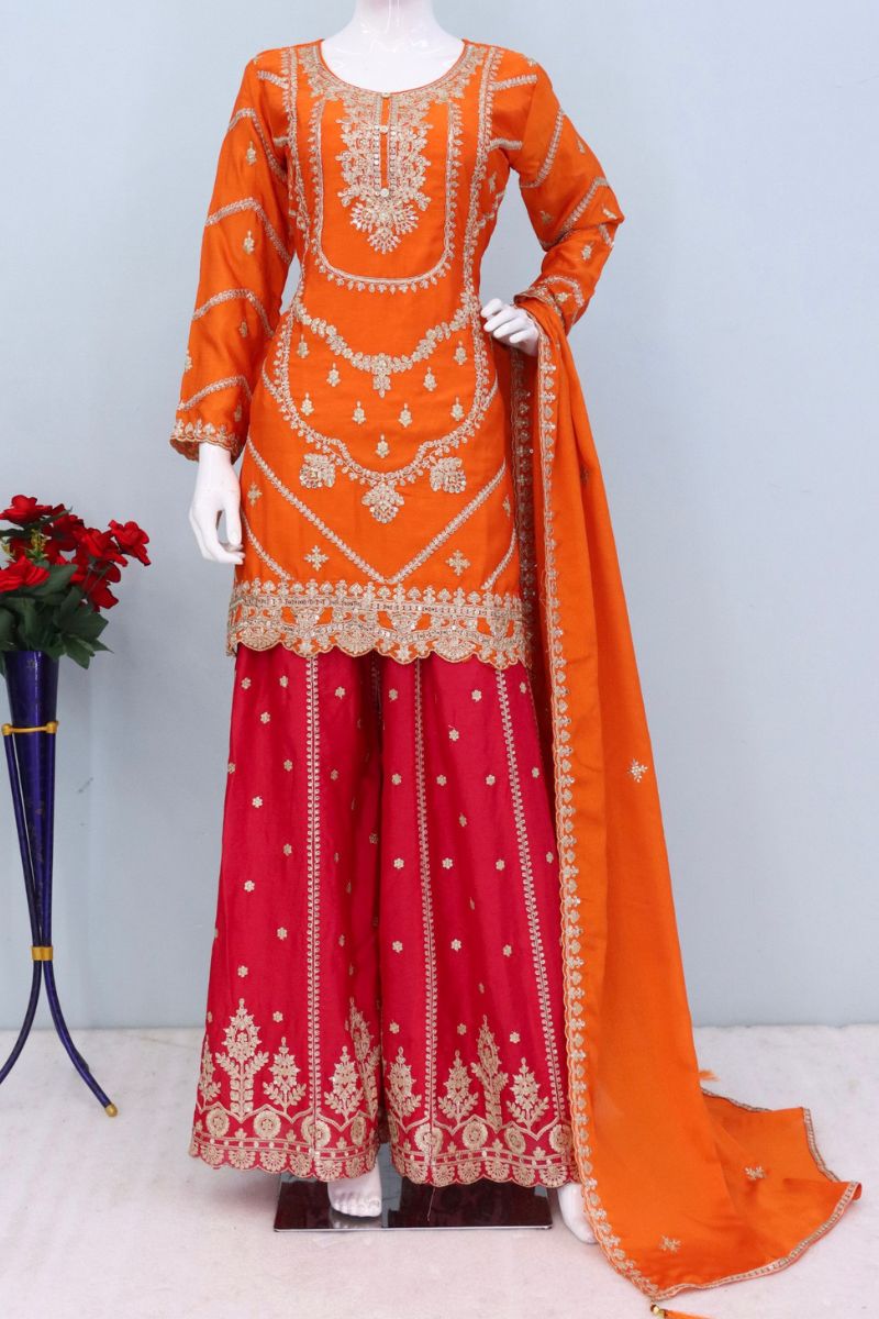 Orange Chinon Embroidered Kurta with Pink Palazzo Suit Set & Dupatta RTI
