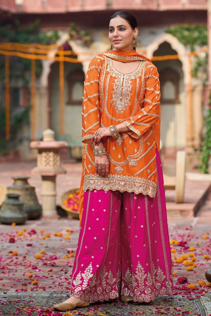 Orange Chinon Embroidered Kurta with Pink Palazzo Suit Set & Dupatta RTI