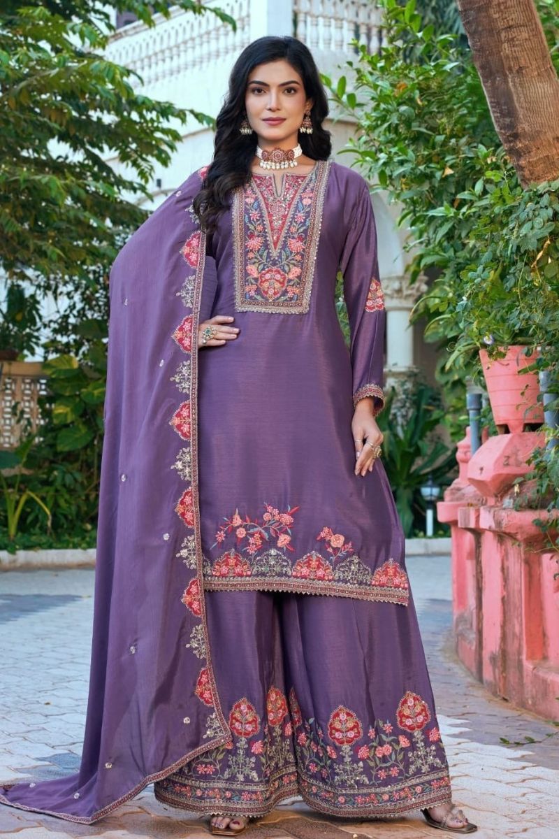Elegant Purple Chinon Embroidered Kurta Palazzo Suit Set with Dupatta RTI