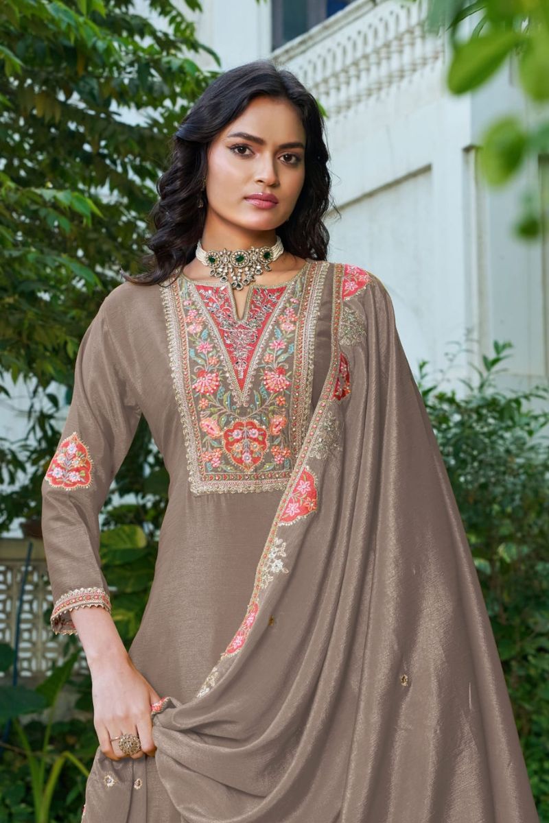 Elegant Brown Chinon Embroidered Kurta Palazzo Suit Set with Dupatta RTI