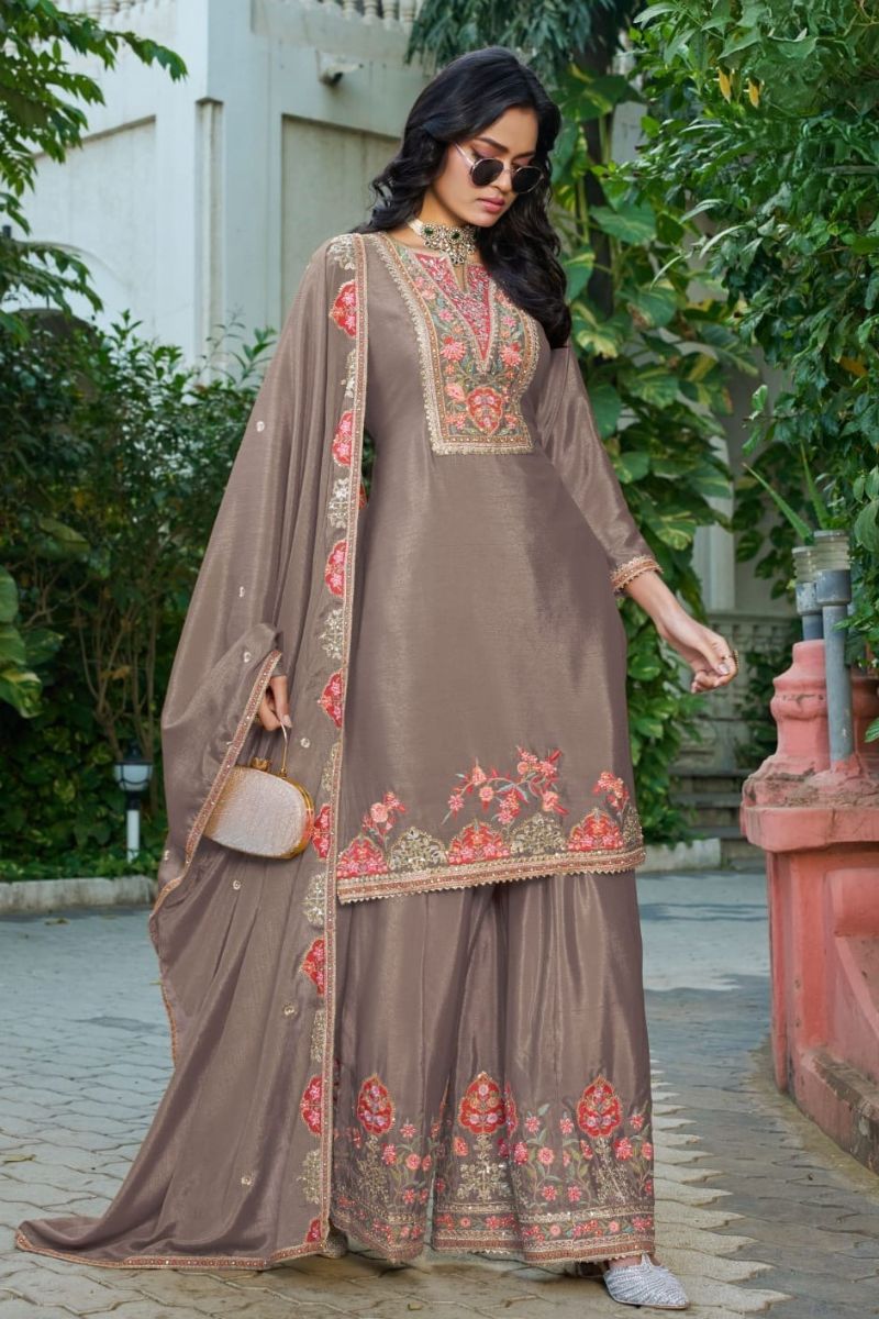 Elegant Brown Chinon Embroidered Kurta Palazzo Suit Set with Dupatta RTI