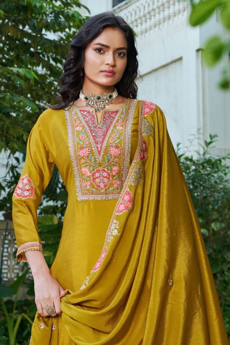 Elegant Yellow Chinon Embroidered Kurta Palazzo Suit Set with Dupatta RTI