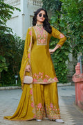 Elegant Yellow Chinon Embroidered Kurta Palazzo Suit Set with Dupatta RTI