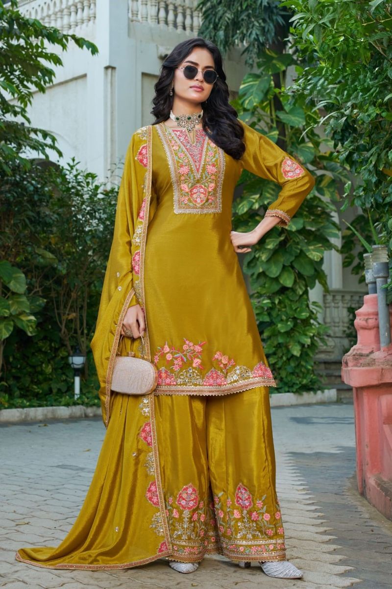 Elegant Yellow Chinon Embroidered Kurta Palazzo Suit Set with Dupatta RTI