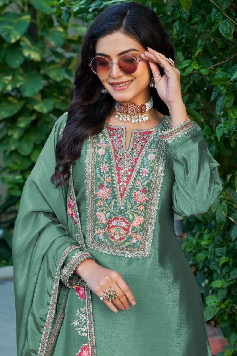 Elegant Green Chinon Embroidered Kurta Palazzo Suit Set with Dupatta RTI