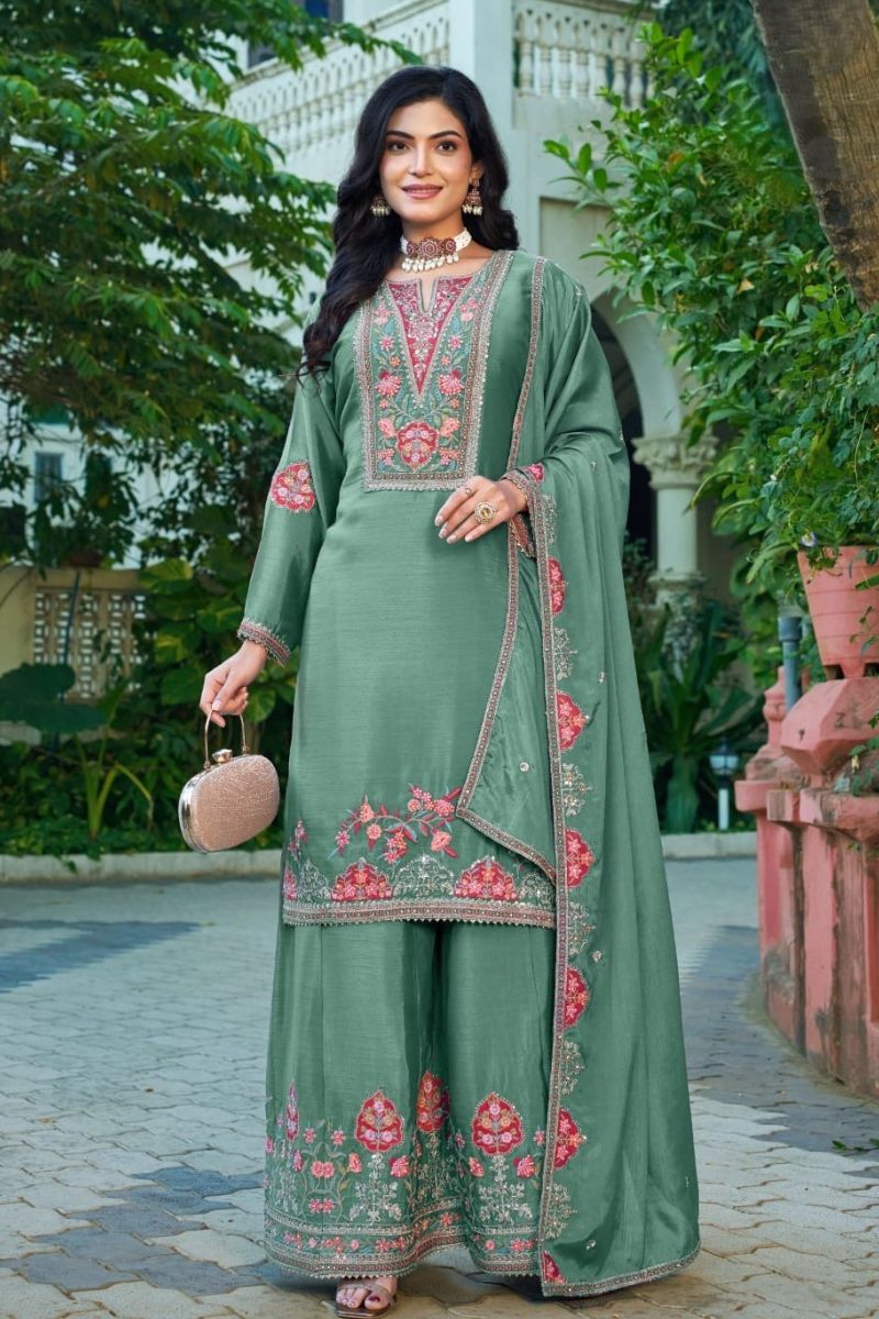 Elegant Green Chinon Embroidered Kurta Palazzo Suit Set with Dupatta RTI