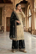 Elegant Beige & Black Pure Gmy Silk Embroidered Kurta Palazzo Set RTI