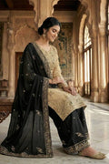 Elegant Beige & Black Pure Gmy Silk Embroidered Kurta Palazzo Set RTI