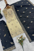 Elegant Beige & Black Pure Gmy Silk Embroidered Kurta Palazzo Set RTI