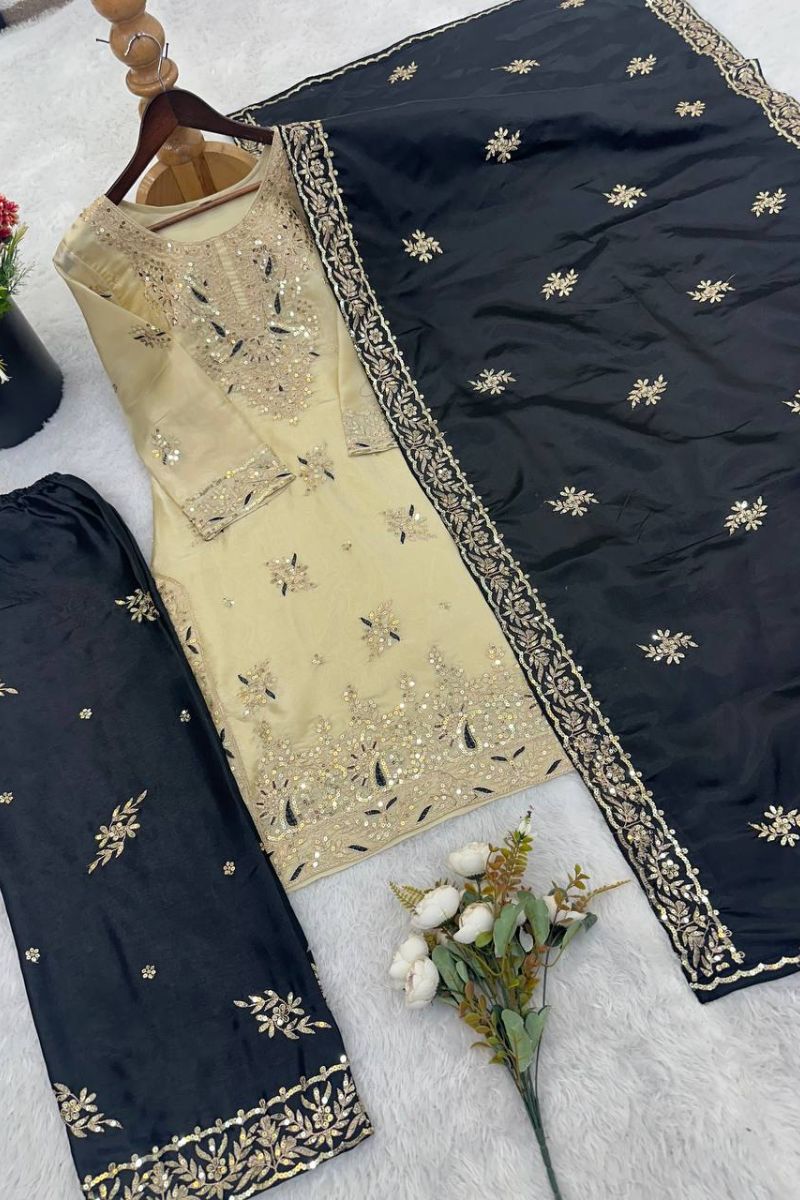 Elegant Beige & Black Pure Gmy Silk Embroidered Kurta Palazzo Set RTI