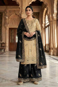 Elegant Beige & Black Pure Gmy Silk Embroidered Kurta Palazzo Set RTI