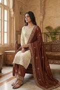 Elegant Beige & Maroon Pure Gmy Silk Embroidered Kurta Palazzo Set RTI
