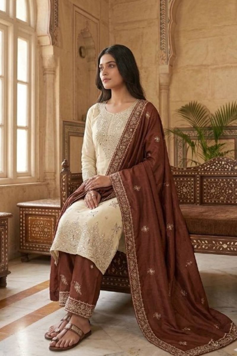 Elegant Beige & Maroon Pure Gmy Silk Embroidered Kurta Palazzo Set RTI
