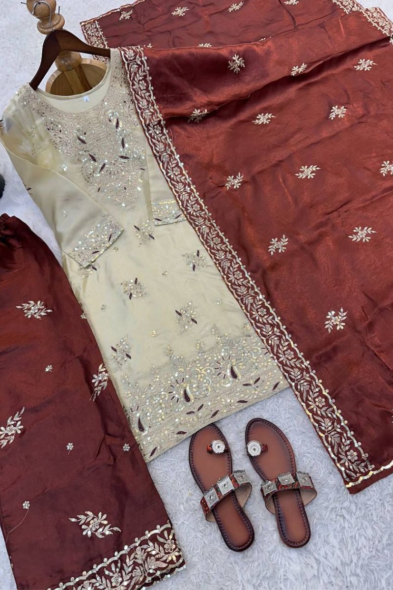 Elegant Beige & Maroon Pure Gmy Silk Embroidered Kurta Palazzo Set RTI