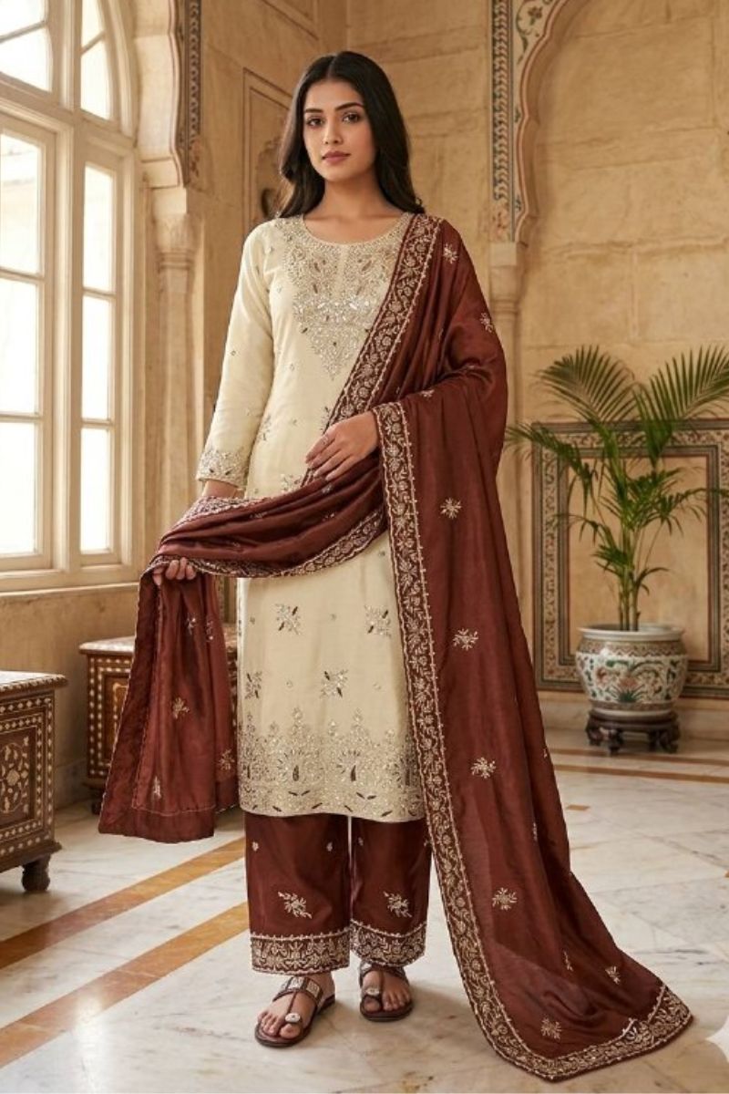Elegant Beige & Maroon Pure Gmy Silk Embroidered Kurta Palazzo Set RTI