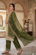 Elegant Beige & Olive Green Pure Gmy Silk Embroidered Kurta Palazzo Set RTI