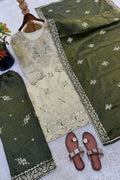 Elegant Beige & Olive Green Pure Gmy Silk Embroidered Kurta Palazzo Set RTI