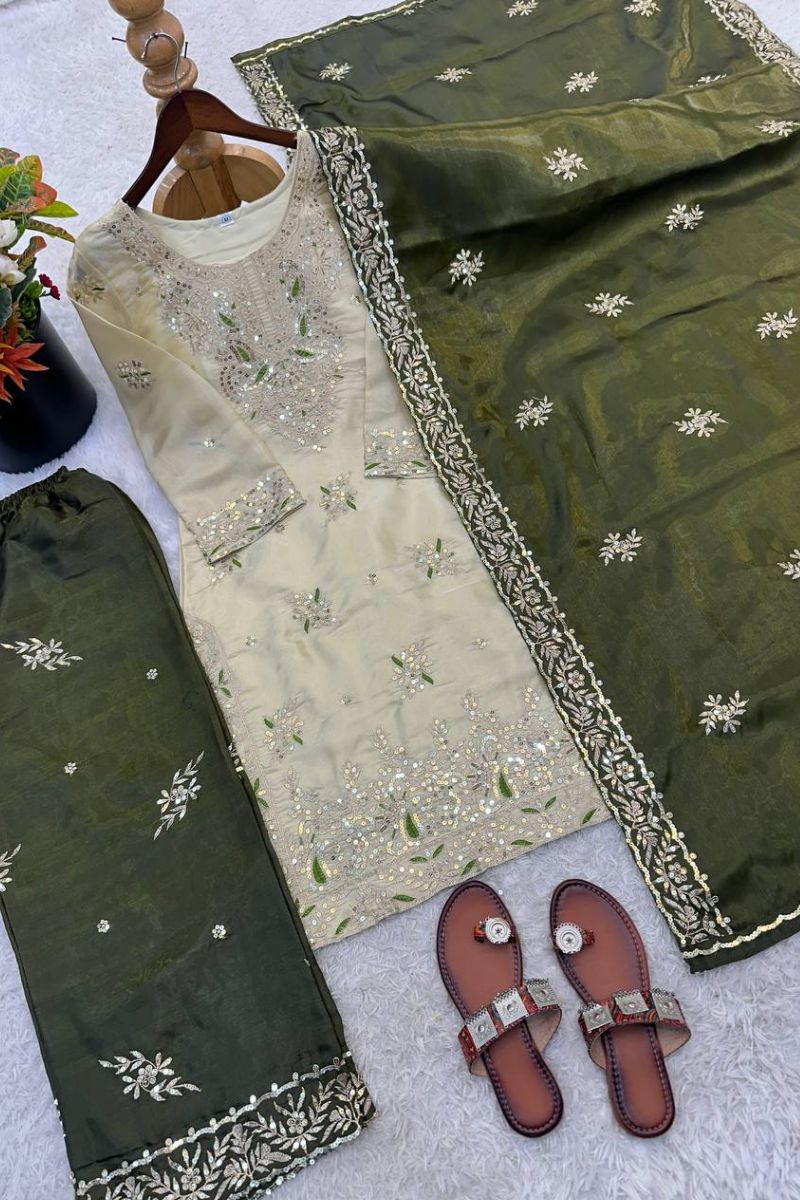 Elegant Beige & Olive Green Pure Gmy Silk Embroidered Kurta Palazzo Set RTI
